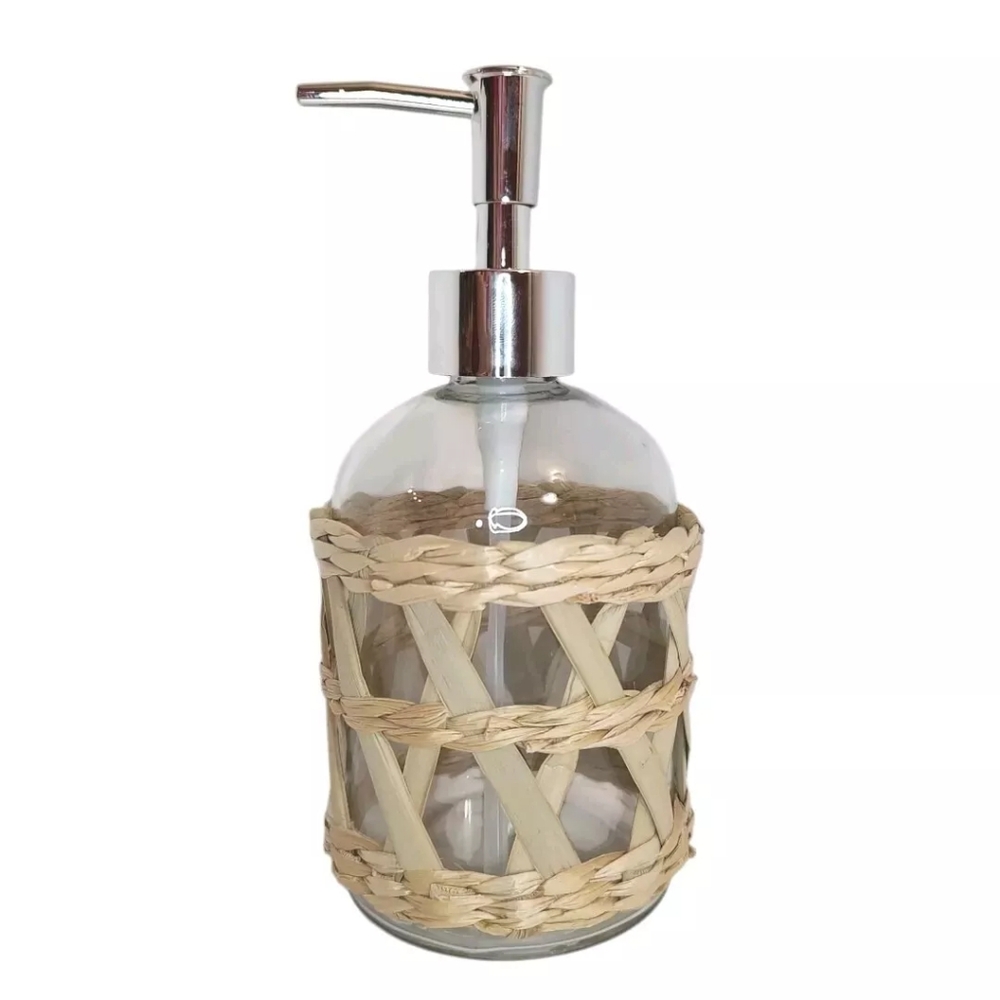 Comfort Bay Decorative Glass & Plastic Soap Dispenser Removable Woven Tan Raffia